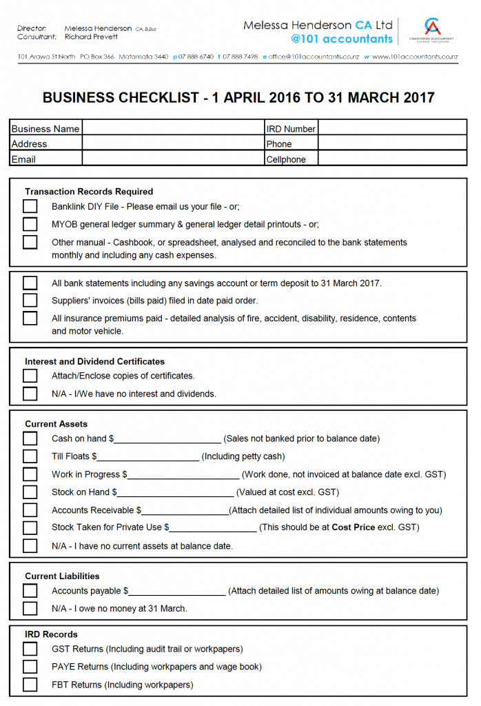 BUSINESS CHECKLIST - 101 Accountants